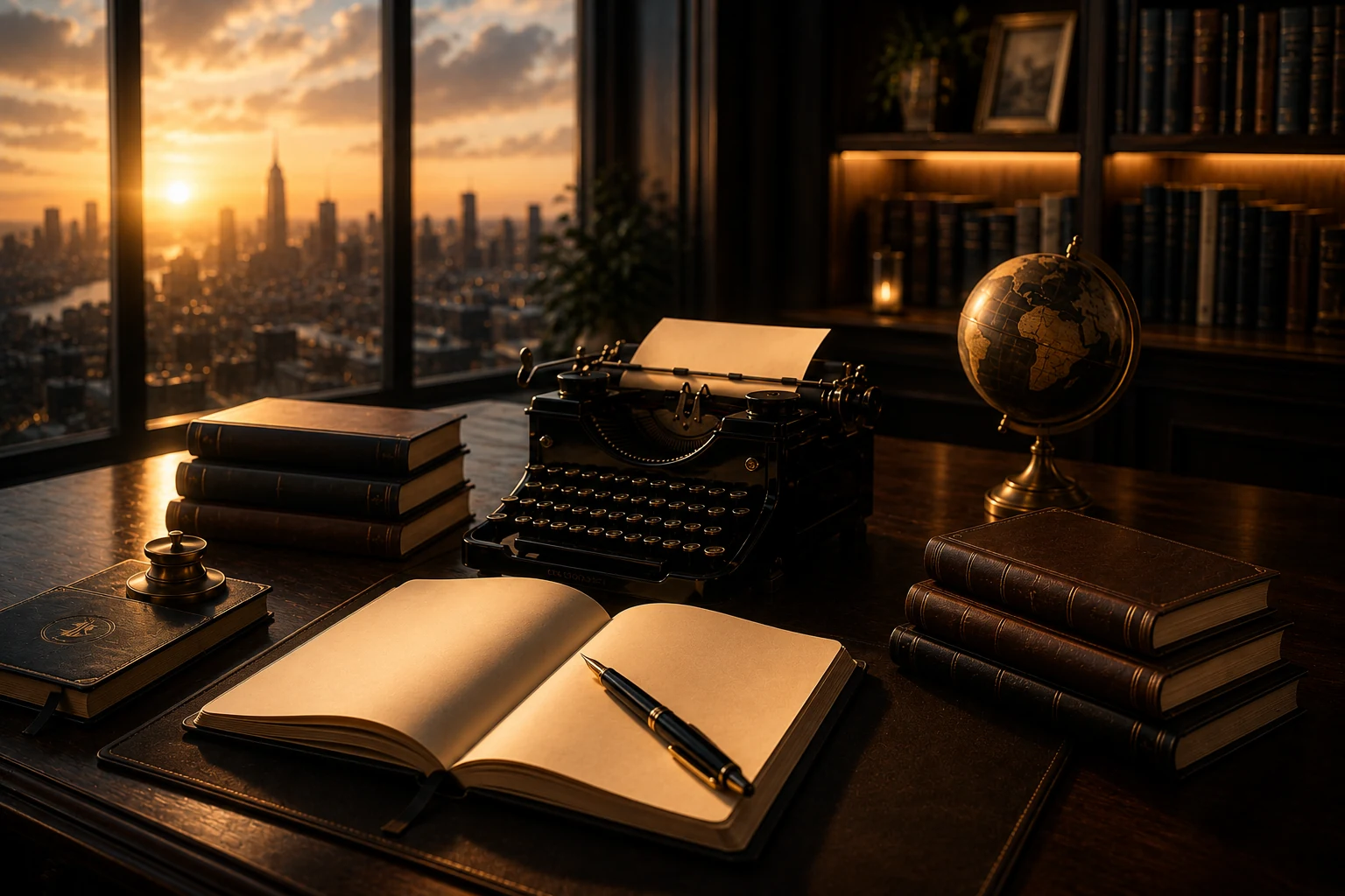 A typewriter, notebook, globe and books on a library desk in warm evening light.