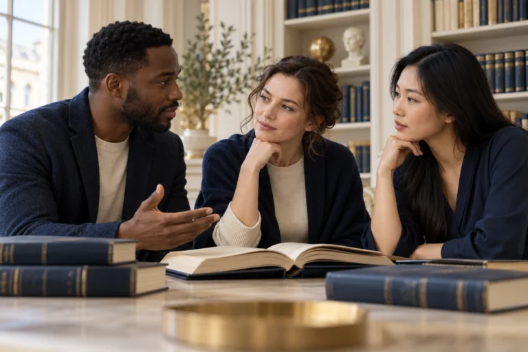 Three readers from different backgrounds share a book and discuss it in a library.
